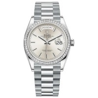 Replica Rolex Day-Date Platinum Silver Dial Diamond Bezel Women‘s Watch M128396TBR-0004