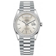 Replica Rolex Day-Date Platinum Silver Dial Diamond Bezel Women‘s Watch M128396TBR-0004
