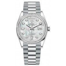 Replica Rolex Day-Date Platinum Mother-of-Pearl Diamond Dial Diamond Bezel Women‘s Watch M128396TBR-0005