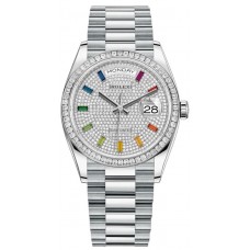 Replica Rolex Day-Date Platinum Diamond-Paved Gemstone Dial Diamond Bezel Women‘s Watch M128396TBR-0006