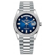 Replica Rolex Day-Date Platinum Blue Ombre Diamond Dial Diamond Bezel Women‘s Watch M128396TBR-0008