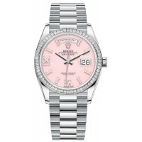 Replica Rolex Day-Date Platinum Pink Opal Diamond-Set Roman Dial Diamond Bezel Women‘s Watch M128396TBR-0009