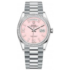 Replica Rolex Day-Date Platinum Pink Opal Diamond-Set Roman Dial Diamond Bezel Women‘s Watch M128396TBR-0009