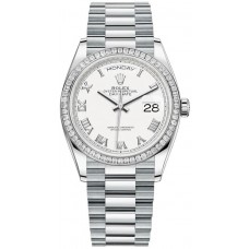 Replica Rolex Day-Date Platinum White Dial Diamond Bezel Women‘s Watch M128396TBR-0010