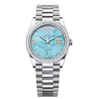Replica Rolex Day-Date Platinum Turquoise Diamond-Set Roman Dial Diamond Bezel Women‘s Watch M128396TBR-0016