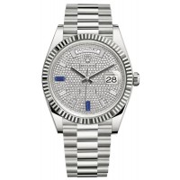 Replica Rolex Day-Date 40 18K White Gold Diamond and Sapphire Paved Dial Men‘s Watch M228239-0049