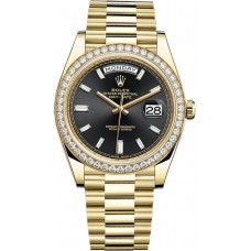 Replica Rolex Day-Date 40 18K Yellow Gold Black Diamond Dial Diamond Bezel Men‘s Watch M228348RBR-0001