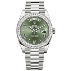 Replica Rolex Day-Date 40 18k White Gold Olive Green Dial Diamond Bezel Men‘s Watch M228349RBR-0030