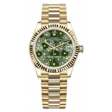 Replica Rolex Datejust 31 Yellow Gold Olive Green Floral-Motif Diamond Dial Women‘s Watch M278278-0046