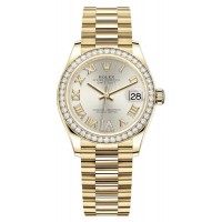 Replica Rolex Datejust 31 Yellow Gold Silver Pave Roman Diamond Dial Diamond Bezel Women‘s Watch M278288RBR-0020