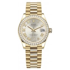 Replica Rolex Datejust 31 Yellow Gold Silver Pave Roman Diamond Dial Diamond Bezel Women‘s Watch M278288RBR-0020