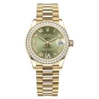 Replica Rolex Datejust 31 Yellow Gold Olive Green Pave Roman Diamond Dial Diamond Bezel Women‘s Watch M278288RBR-0024