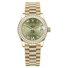 Replica Rolex Datejust 31 Yellow Gold Olive Green Pave Roman Diamond Dial Diamond Bezel Women‘s Watch M278288RBR-0024