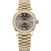 Replica Rolex Datejust 31 Yellow Gold Dark Grey Pave Roman Diamond Dial Diamond Bezel Women‘s Watch M278288RBR-0026