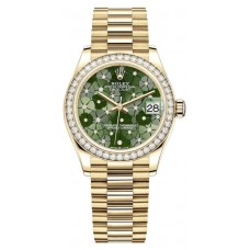 Replica Rolex Datejust 31 Yellow Gold Olive Green Floral-Motif Diamond Dial Diamond Bezel Women‘s Watch M278288RBR-0038