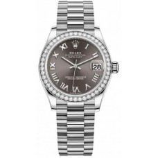 Replica Rolex Datejust 31 White Gold Dark Grey Roman Dial Diamond Bezel Women‘s Watch M278289RBR-0017