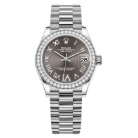 Replica Rolex Datejust 31 White Gold Dark Grey Diamond Pave Roman Dial Diamond Bezel Women‘s Watch M278289RBR-0020