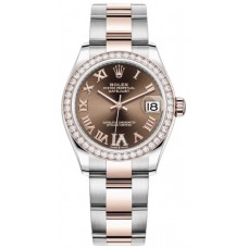 Replica Rolex Datejust 31 and Rose Gold Chocolate Pave Roman Dial Diamond Bezel Women‘s Watch M278381RBR-0005