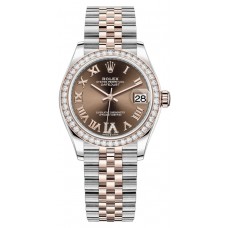 Replica Rolex Datejust 31 and Rose Gold Chocolate Pave Roman Dial Diamond Bezel Women‘s Watch M278381RBR-0006