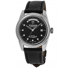 Replica Tudor Glamour Date&amp;Day Black Diamond-Set Dial Black Leather Unisex Watch M56000-0083