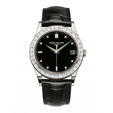 Patek Philippe Calatrava 38mm Black Baguette Diamond Bezel Date Platinum Leather BRAND NEW 5298P-012