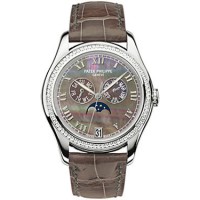 Patek Philippe Black Mother of Pearl Dial 18kt White Gold Brown Leather Automatic Diamond Ladies 4936G-001