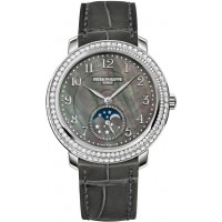 Patek Philippe Complications Black Mother of Pearl Dial Diamond Bezel 18kt White Gold Leather Ladies 4968G-001