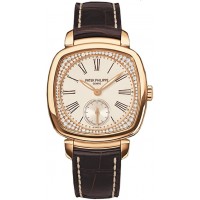 Patek Philippe Silver Dial 18kt Rose Gold Diamond Brown Leather Ladies 7041R