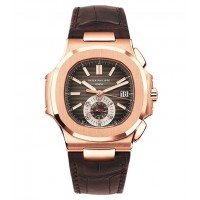 Patek Philippe Black Brown Dial 18kt Rose Gold Brown Leather Mens 5980R